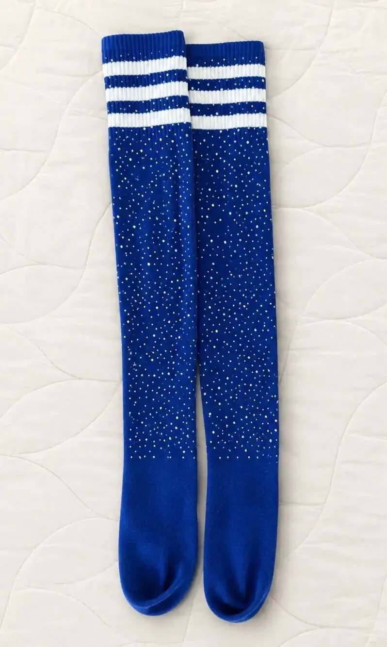 Royal Blue Rhinestone Thigh High Socks Striped Sparkle M/L